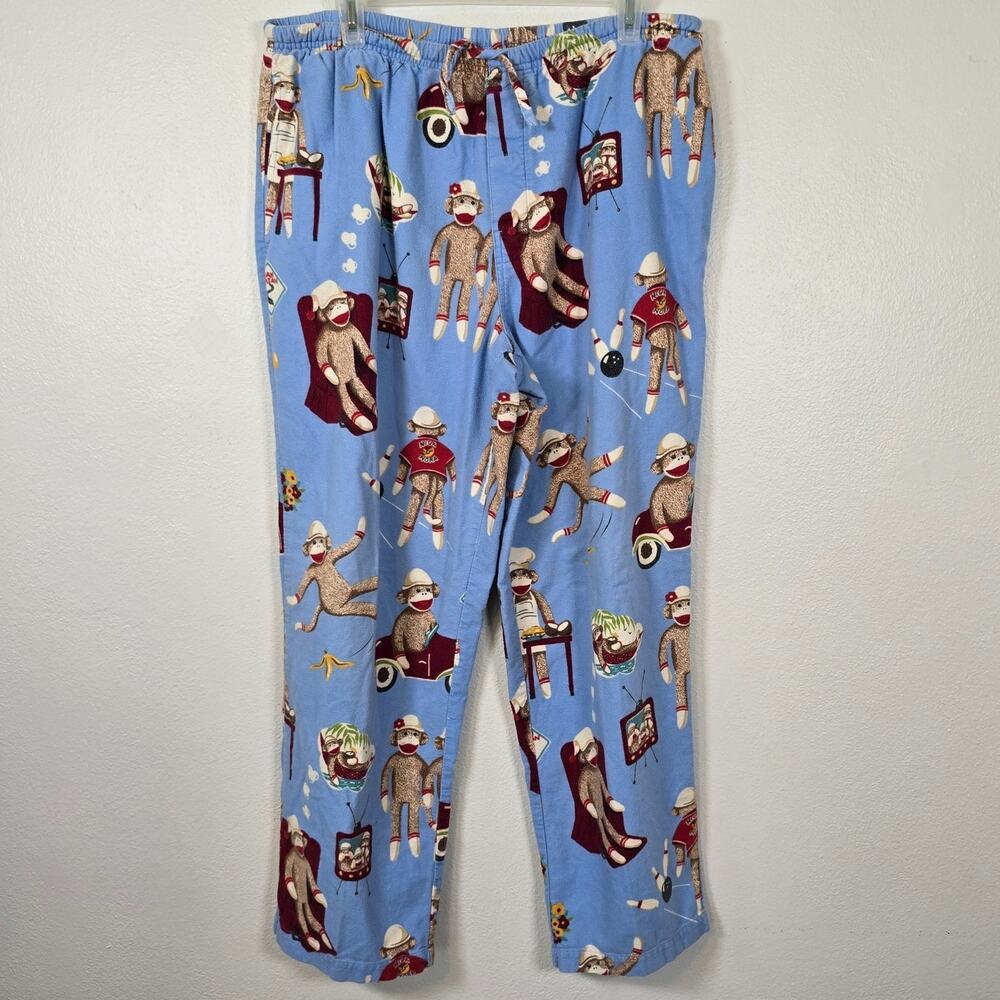 Nick & Nora Sock Monkey Pajama Pants Women's M Blue Bowling TV BBQ Novelty